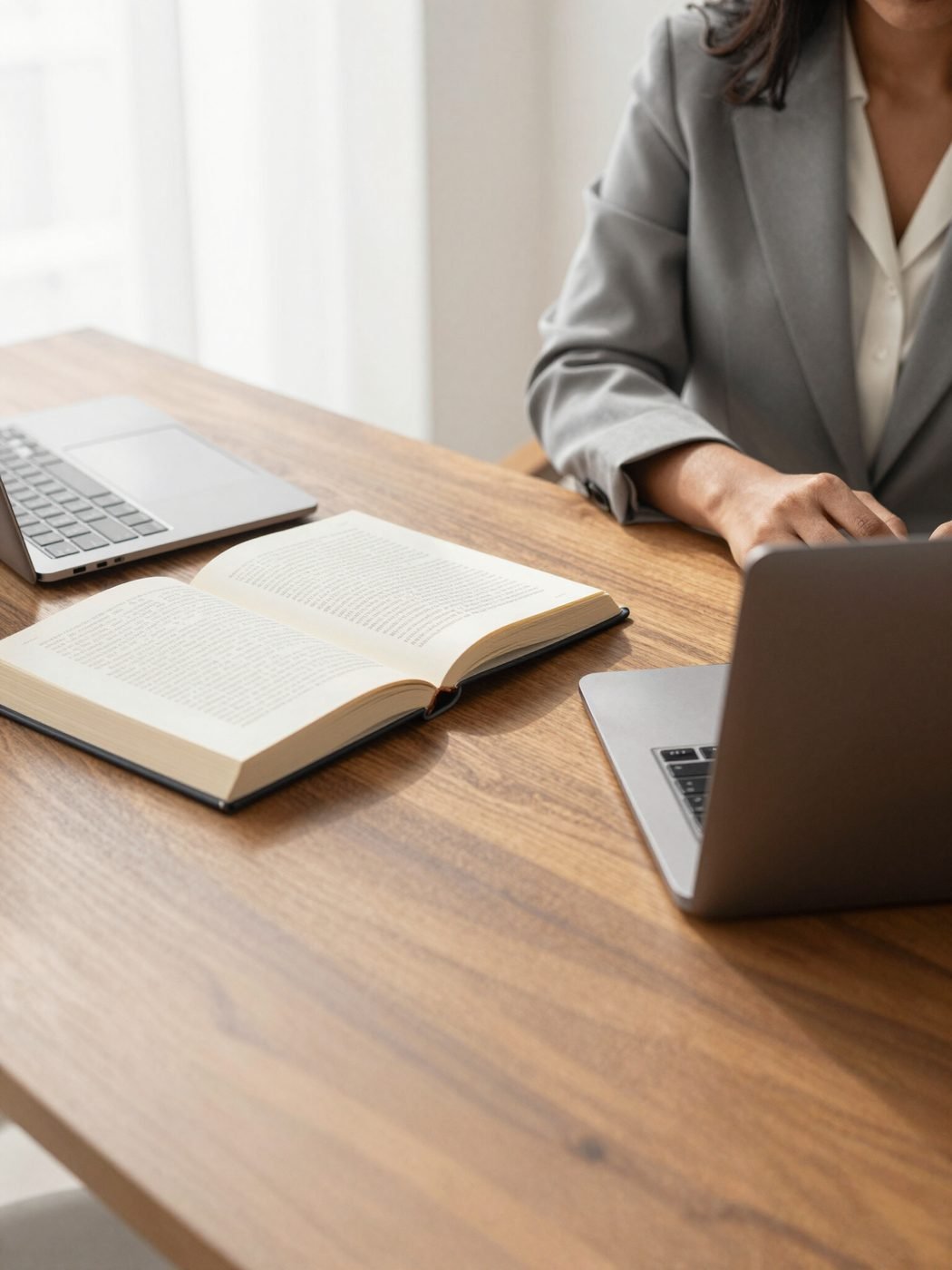 Une enseignante consulte du matériel de cours imprimé à son bureau, à côté d'un ordinateur portable ouvert.